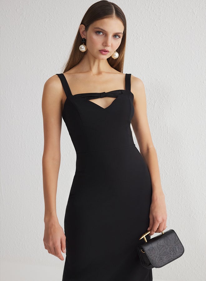 trendyol Black Body-Styling V-Neck Bow Detail Midi Woven Chic Dress  - Image 1