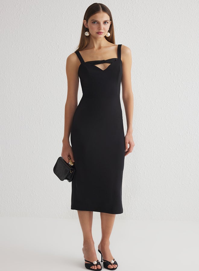 trendyol Black Body-Styling V-Neck Bow Detail Midi Woven Chic Dress  - Image 2