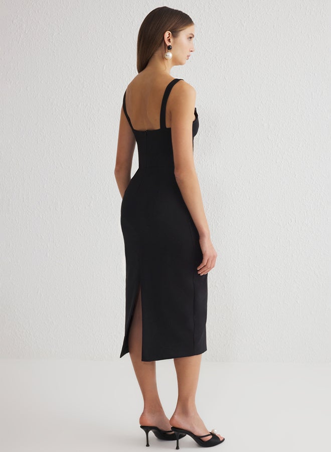 trendyol Black Body-Styling V-Neck Bow Detail Midi Woven Chic Dress  - Image 5