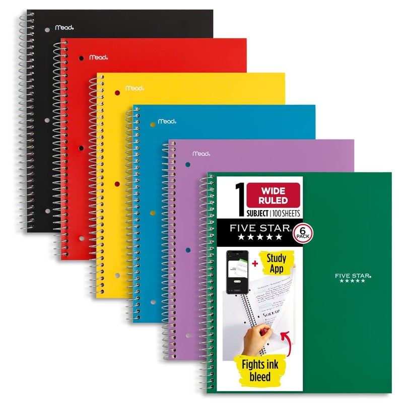 Five Star Spiral Notebook + Study App, 6 Pack, 1 Subject, Wide Ruled Paper, 8" x 10-1/2", 100 Sheets, Fights Ink Bleed, Water Resistant Cover, Assorted Colors (38042) - Image 1