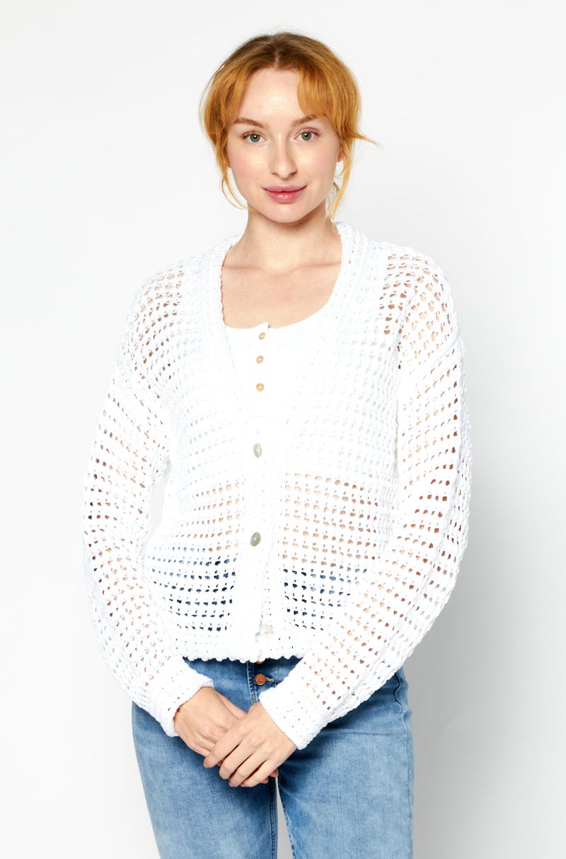 VINCE Women V-Neck Long Sleeve Crochet Cardigan, White - Image 1