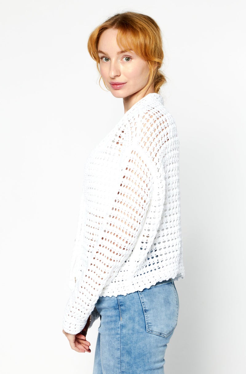 VINCE Women V-Neck Long Sleeve Crochet Cardigan, White - Image 3