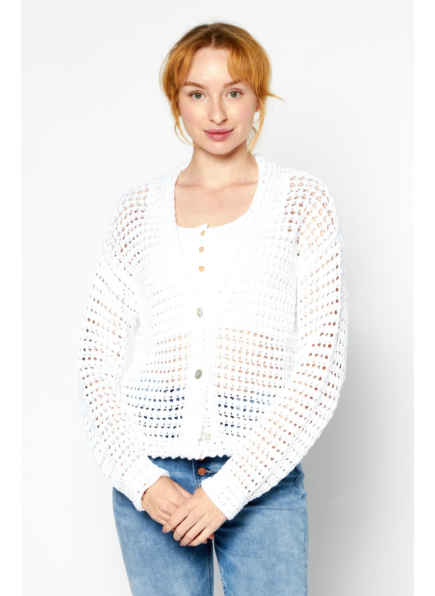 Women V-Neck Long Sleeve Crochet Cardigan, White - pzsku/Z6D7B9120FF12FEC0896CZ/45/_/1738160277/904ad84b-3cd7-4263-9eed-588c33525855