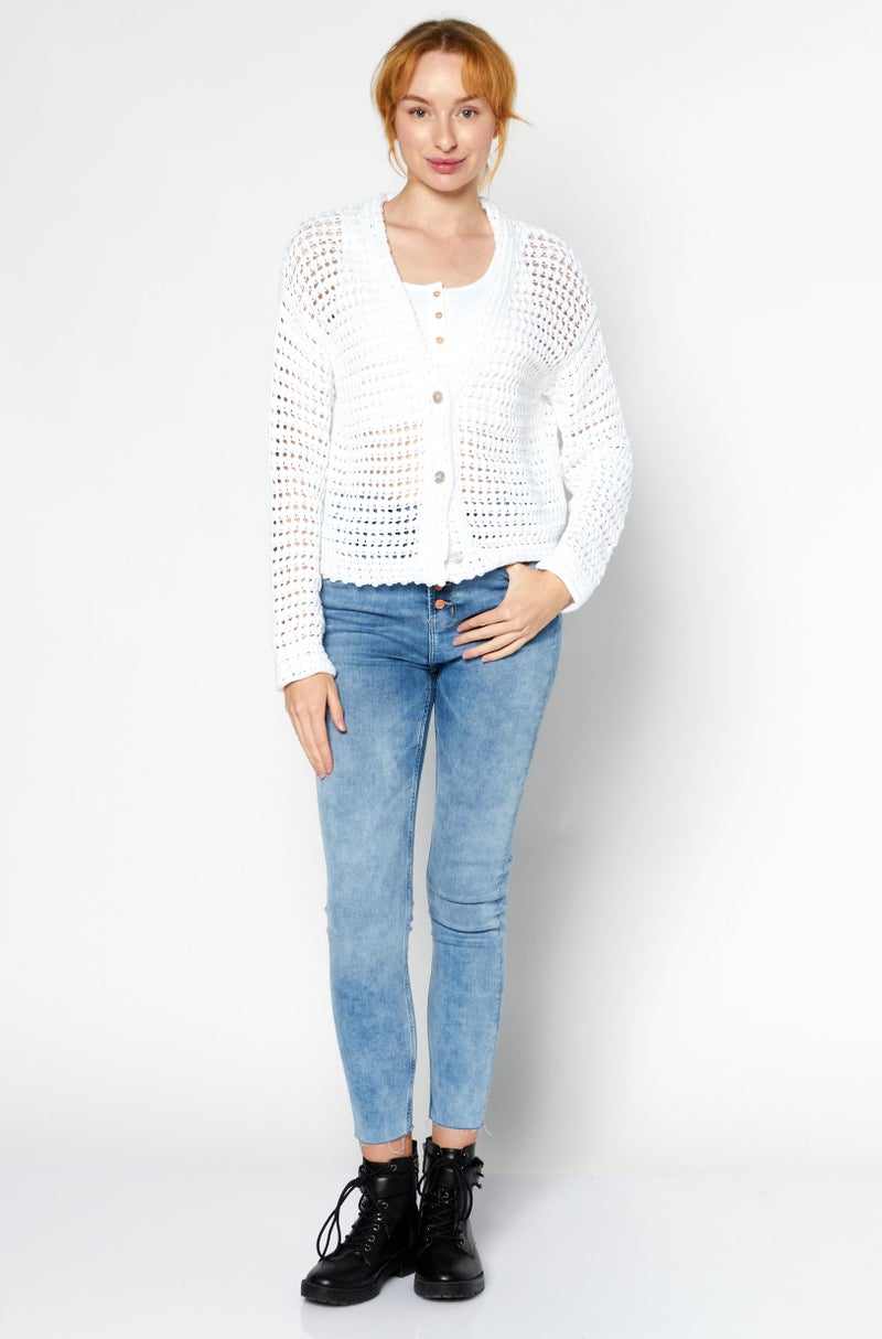 VINCE Women V-Neck Long Sleeve Crochet Cardigan, White - Image 2