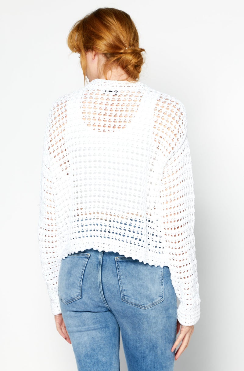VINCE Women V-Neck Long Sleeve Crochet Cardigan, White - Image 4