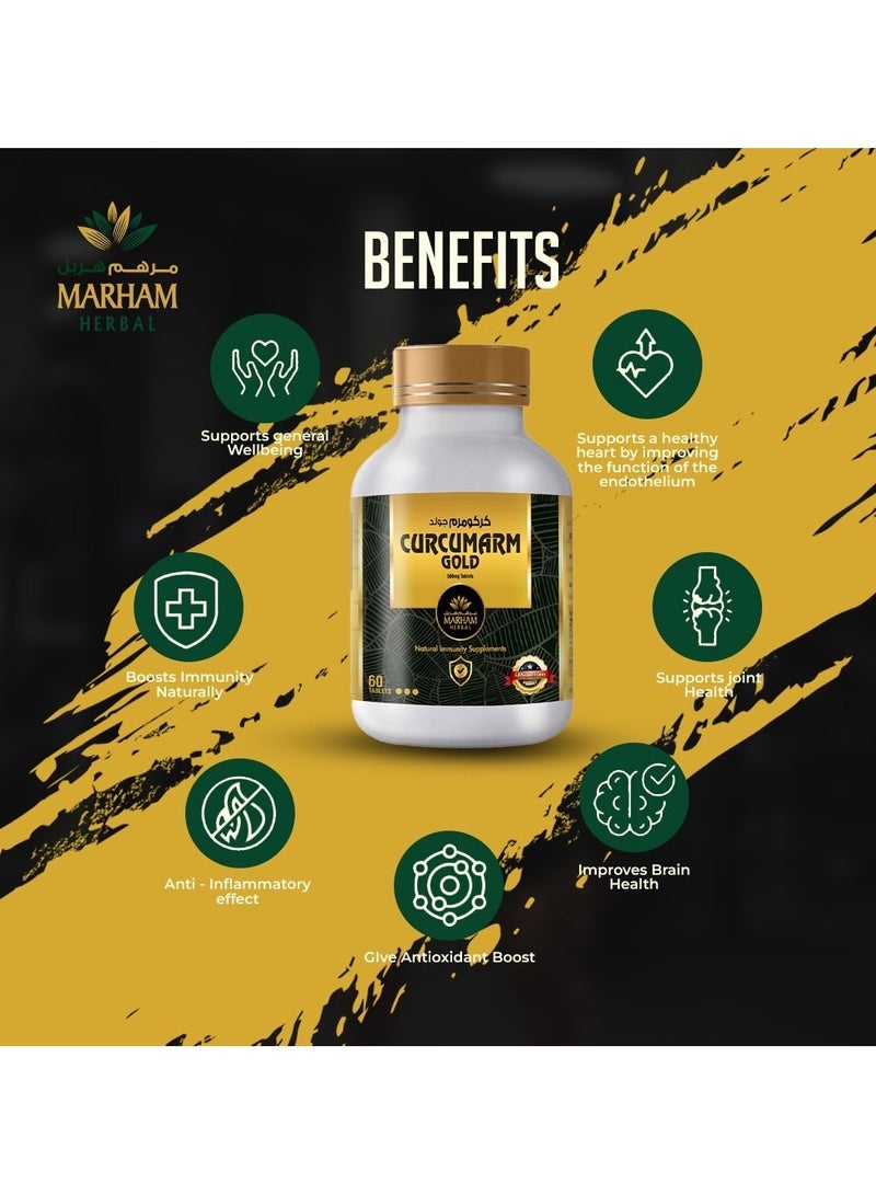 MARHAM HERBAL Curcumarm Gold: 500mg Curcumin + 100mg Piperine Tablets – Best Natural Immunity Booster in UAE – Strong Immune System Support, Turmeric Extract Antioxidant & Anti-Inflammatory Supplement – 60 Tablets - Image 2