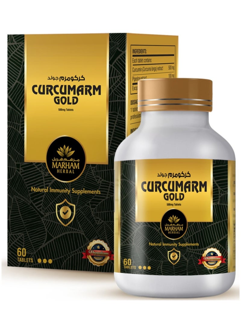 MARHAM HERBAL Curcumarm Gold: 500mg Curcumin + 100mg Piperine Tablets – Best Natural Immunity Booster in UAE – Strong Immune System Support, Turmeric Extract Antioxidant & Anti-Inflammatory Supplement – 60 Tablets - Image 1