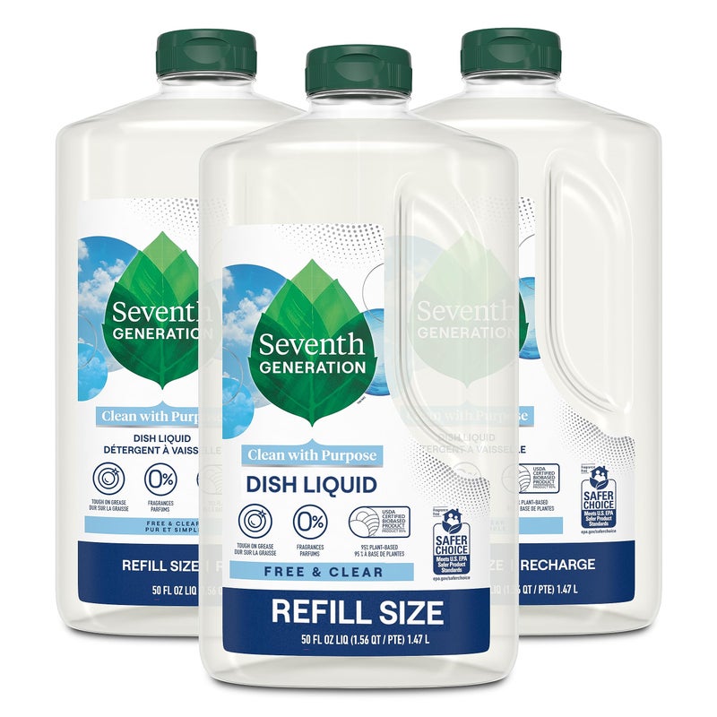 Seventh Generation Dish Liquid Soap Refill Free & Clear Dish Soap for sensitive skin 50 oz, Pack of 3 - Image 1