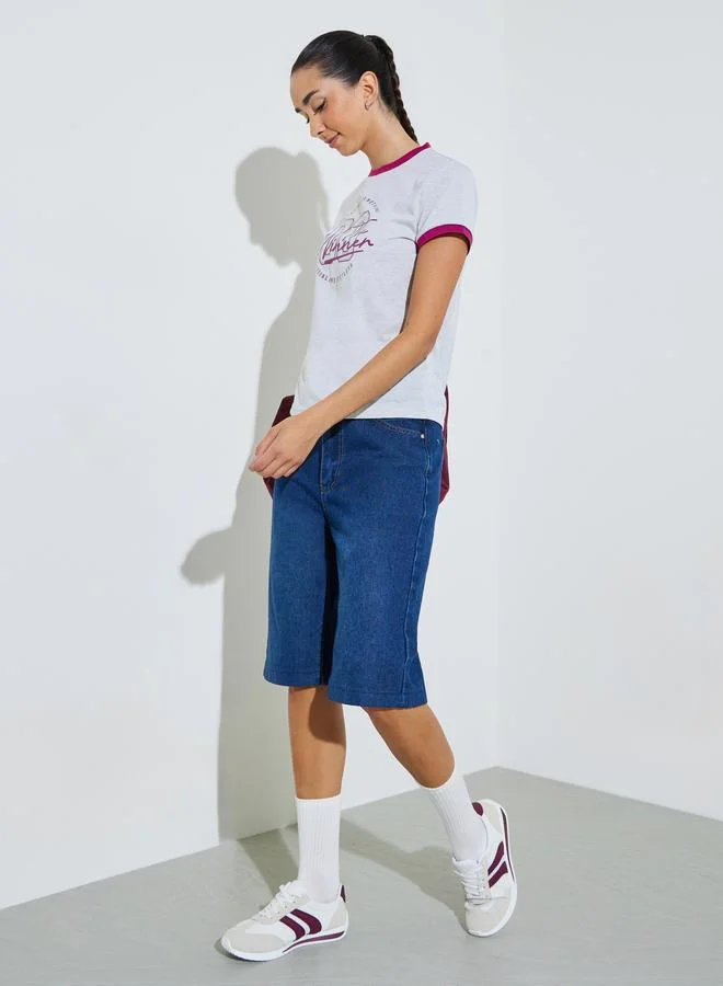 Styli Grey Slogan Print Ringer T-Shirt