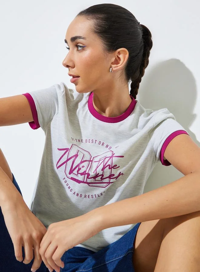 Styli Grey Slogan Print Ringer T-Shirt
