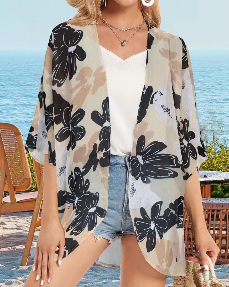 CHICGAL Women Kimono Cardigan Sheer Beach Coverups Chiffon Loose Casual Open Front Tops (Dasiy KhakiL) - Image 4
