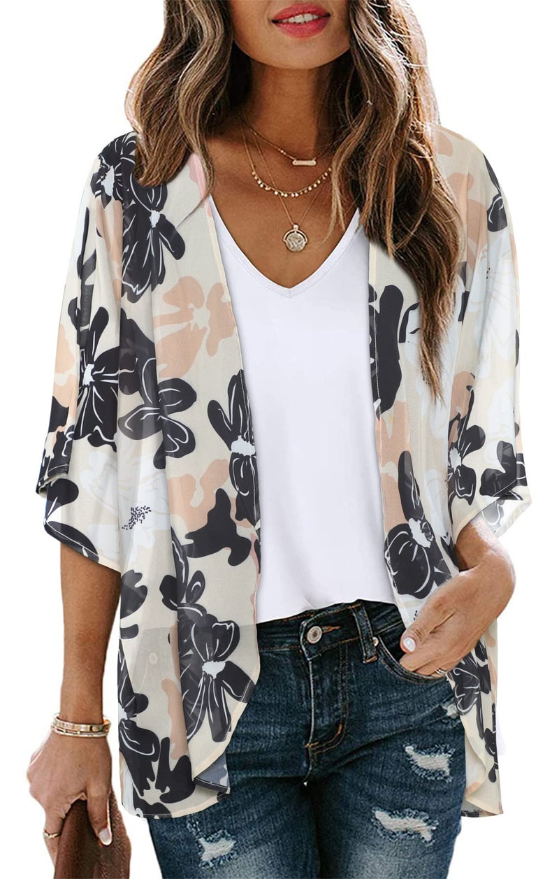 CHICGAL Women Kimono Cardigan Sheer Beach Coverups Chiffon Loose Casual Open Front Tops (Dasiy KhakiL) - Image 1