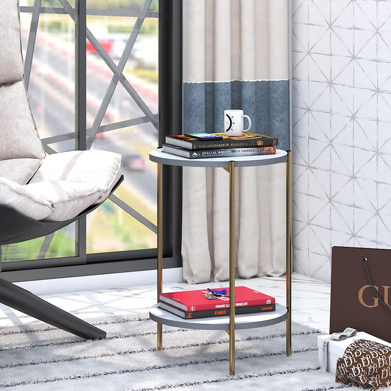 Klaxon Bria Round Coffee Table for Home Office Metal Wooden Centre Table for Living Room White Golden