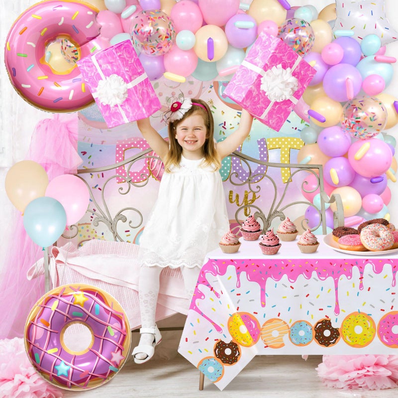 Winrayk 131Pcs Donut Birthday Party Decorations Supplies for Girls, Donut Balloon Garland Arch Kit Grow Up Backdrop Tablecloth Star Sprinkle Foil Balloons, Kids Baby Shower Sweet One Party Decorations - Image 3