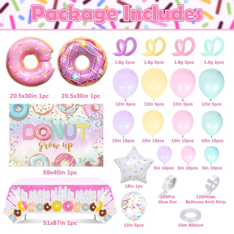 Winrayk 131Pcs Donut Birthday Party Decorations Supplies for Girls, Donut Balloon Garland Arch Kit Grow Up Backdrop Tablecloth Star Sprinkle Foil Balloons, Kids Baby Shower Sweet One Party Decorations - Image 2