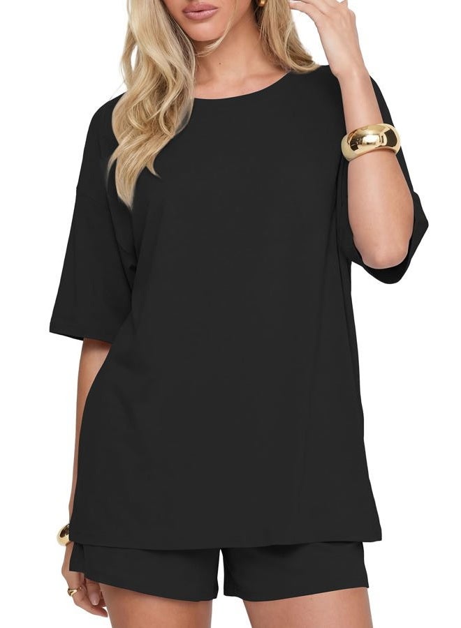 Darong Women's Two Piece Loungewear Set Summer Casual Boxy Shirts Drawstring Shorts Matching Airport Travel Outfit, Black, S - Image 3