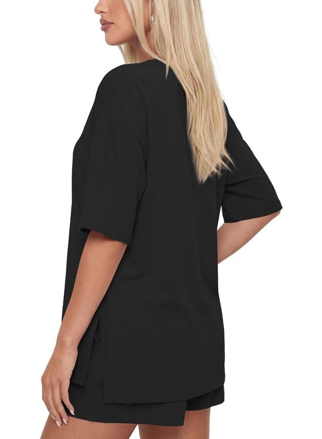 Darong Women's Two Piece Loungewear Set Summer Casual Boxy Shirts Drawstring Shorts Matching Airport Travel Outfit, Black, S - Image 2