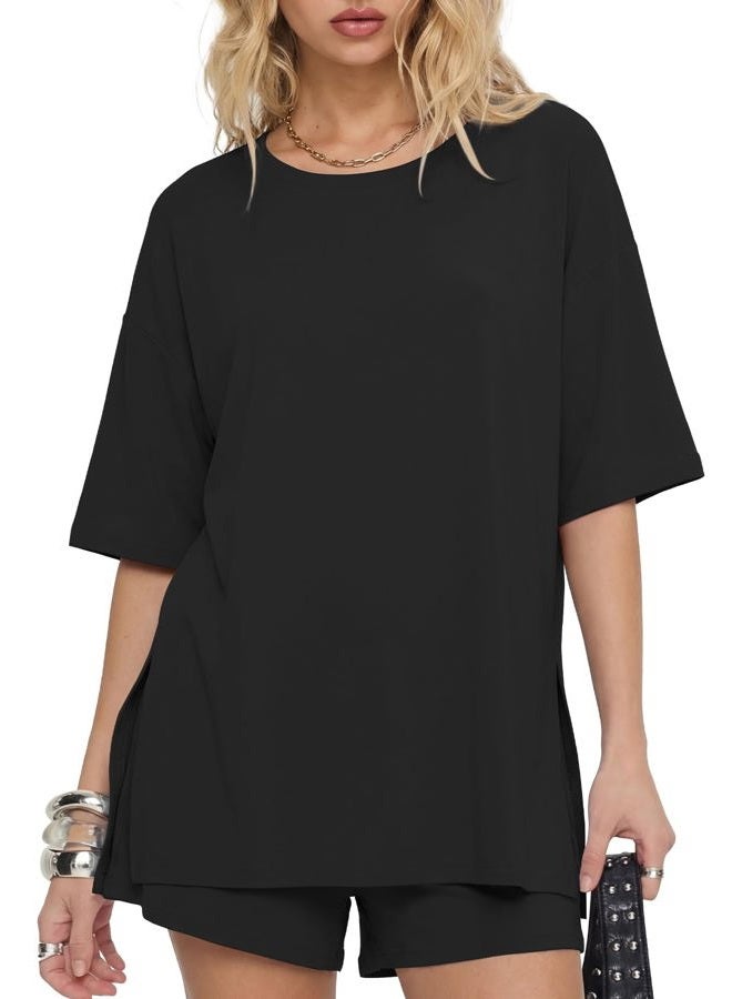 Darong Women's Two Piece Loungewear Set Summer Casual Boxy Shirts Drawstring Shorts Matching Airport Travel Outfit, Black, S - Image 4