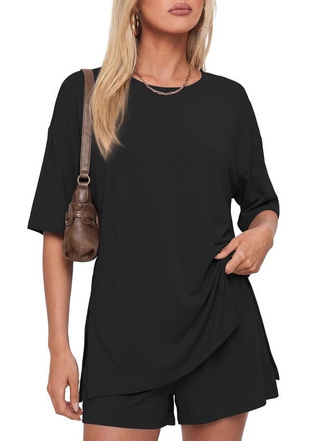 Darong Women's Two Piece Loungewear Set Summer Casual Boxy Shirts Drawstring Shorts Matching Airport Travel Outfit, Black, S - Image 1