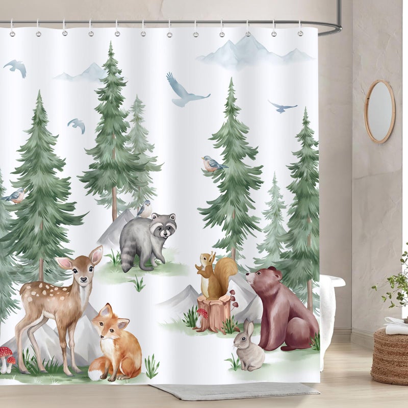 Bonhause Woodland Animal Shower Curtain Forest Bear Deer Fox Raccoon Kids Bathroom Decor 72 x 72 Inch Polyester Fabric Waterproof Bath Curtain with 12 Hooks
