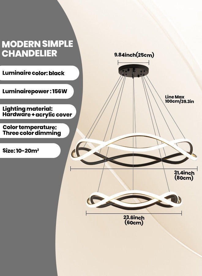 YATAI LIGHTING Modern LED Chandelier for Living Room,156W Remote Control Double Rings Adjustable Height and Colors Dimming Black Contemporary LED Ceiling Hanging Chandelier for Restaurant(60cm,80cm)  - Image 2