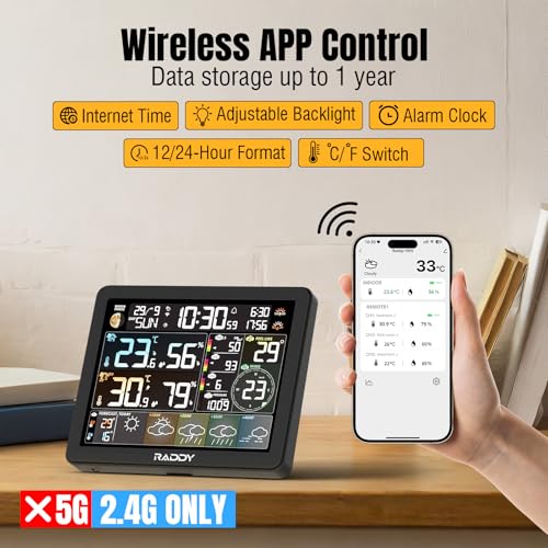 Raddy N80 Smart Wi-Fi Weather Station with APP Control, Indoor Outdoor Thermometer Wireless with 8 Inch Large Display, Sunset/Sunrise Time, PM2.5/AQI, UV Index, 4 Alarm Clock - Image 2