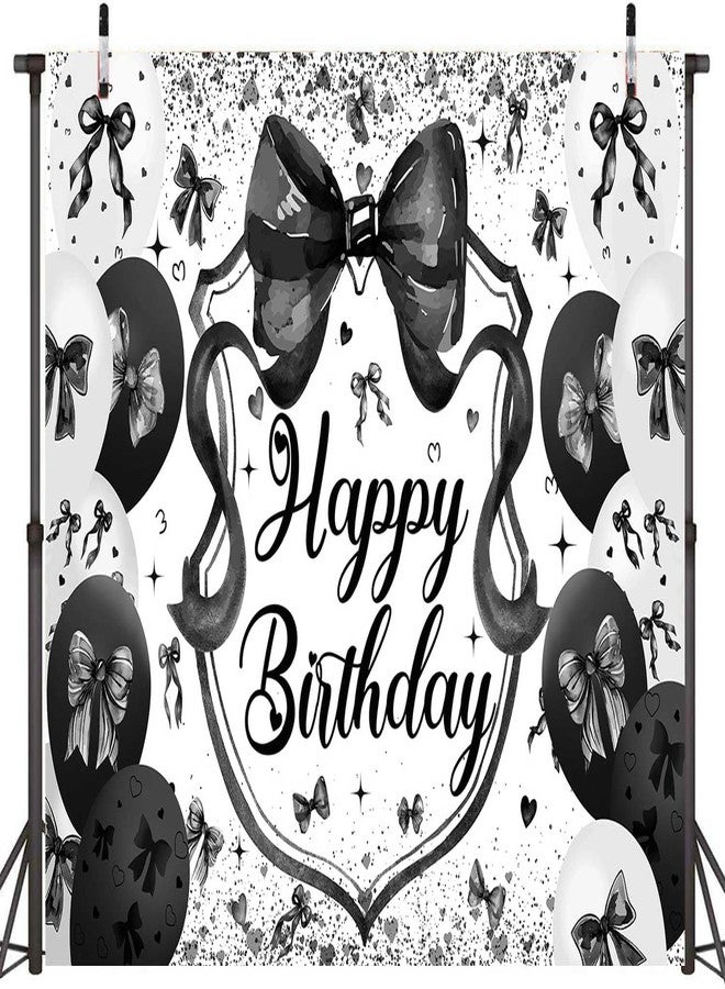 CINRAY Black Bow Birthday Backdrop for Girls 7x5FT Black Balloon Bowknot Photography Background Cute Coquette Bachelorette Happy Birthday Banner Decorations Photo Props - Image 2