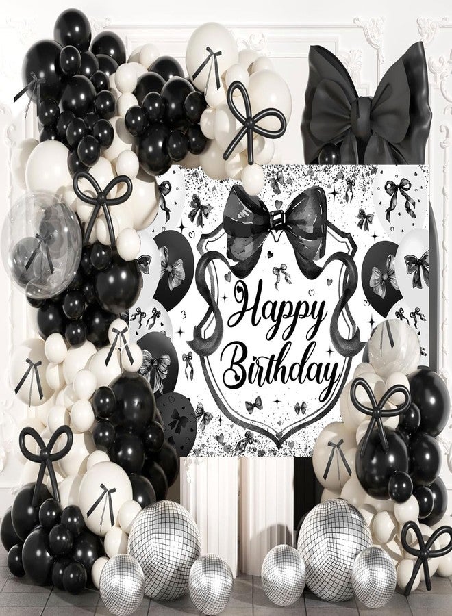 CINRAY Black Bow Birthday Backdrop for Girls 7x5FT Black Balloon Bowknot Photography Background Cute Coquette Bachelorette Happy Birthday Banner Decorations Photo Props - Image 3