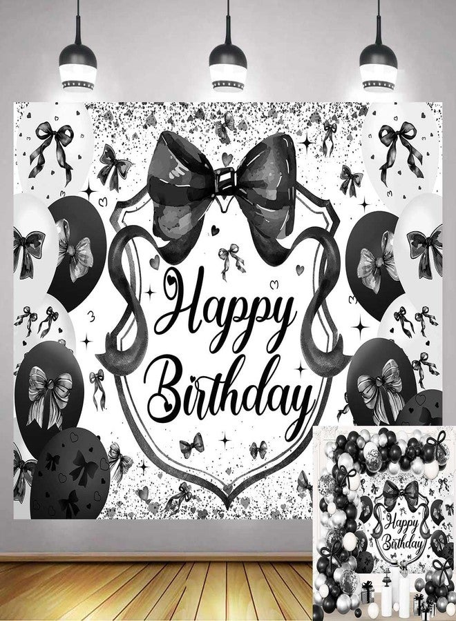 CINRAY Black Bow Birthday Backdrop for Girls 7x5FT Black Balloon Bowknot Photography Background Cute Coquette Bachelorette Happy Birthday Banner Decorations Photo Props - Image 1