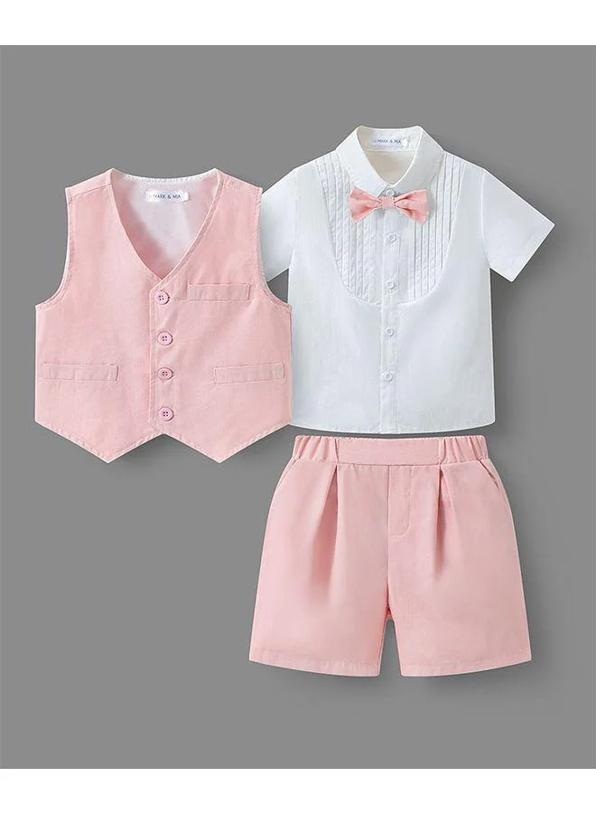 Mark & Mia Mark & Mia 100% Cotton Solid Short Sleeves Party Suit with Waist Coat & Bow - Pink & White