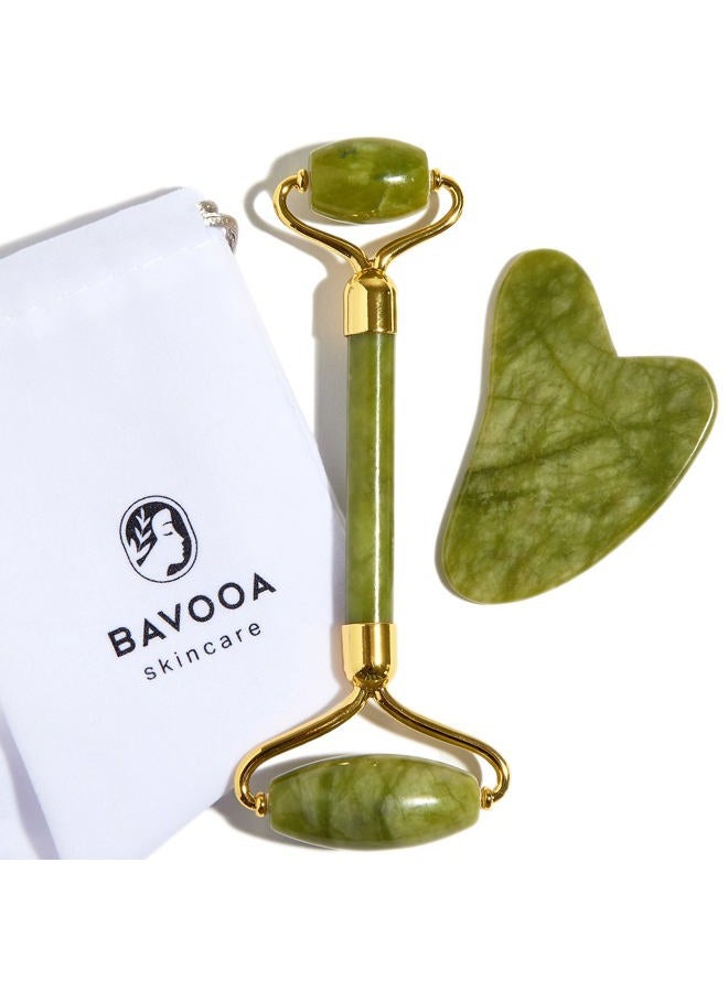 R.E.M. Spring Jade Roller and Gua Sha - Spa Grade Face Roller Massager and Gua Sha Massage Tool Set. 100% Authentic Jade Stone. Reduces Puffiness, Wrinkles and Reveals Your Natural Glow - Image 1