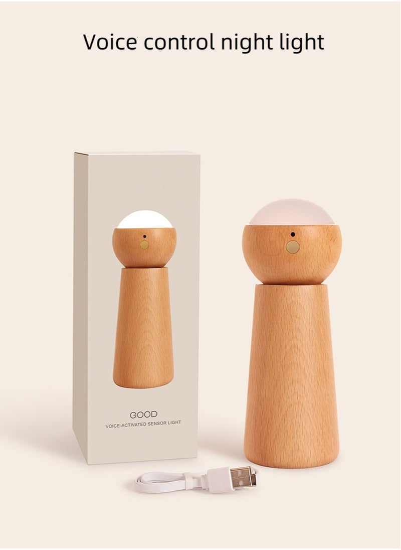 Generic Intelligent voice activated night light, three-level dimmable touch console light, rechargeable LED touch bedside light indoor light, portable wireless wooden night light with USB charging suitable for children in the living room and bedroom(Beech)  - Image 1