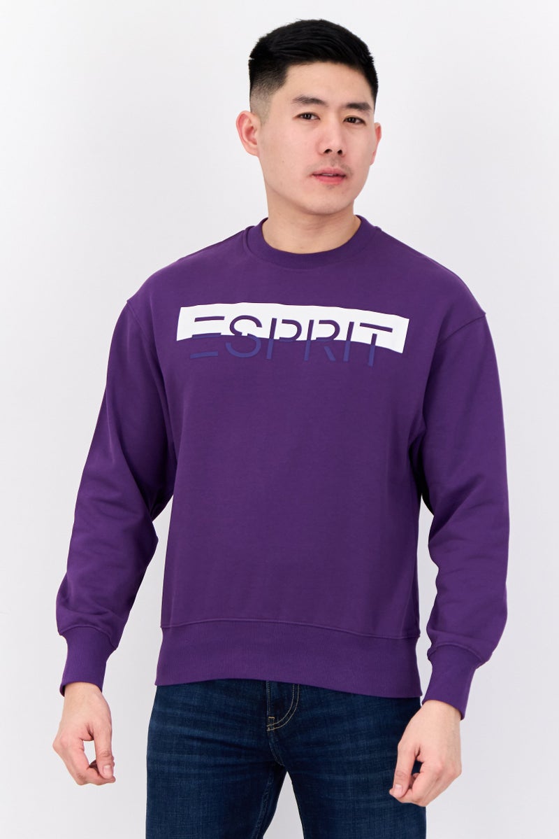 ESPRIT سويت شيرتات بأكمام طويلة للرجال بياقة دائرية، شعار العلامة التجارية، بنفسجي - Image 1