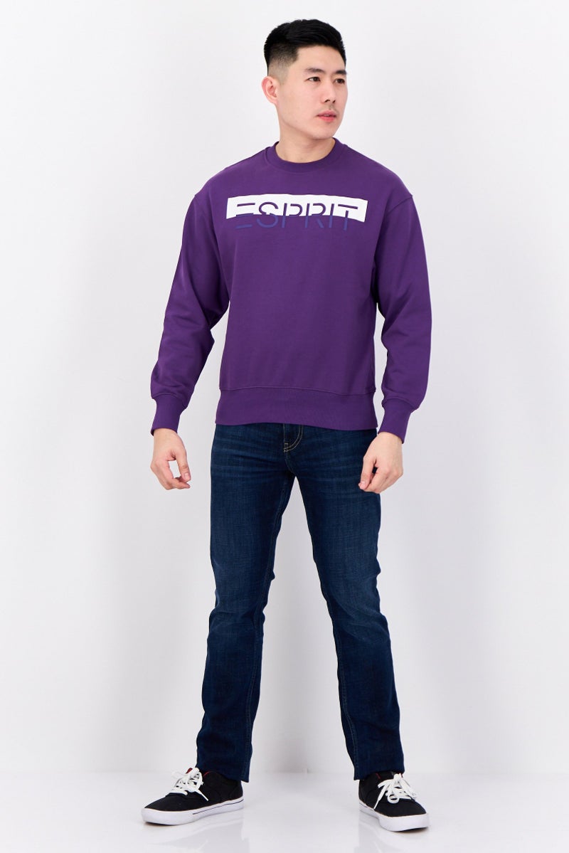 ESPRIT سويت شيرتات بأكمام طويلة للرجال بياقة دائرية، شعار العلامة التجارية، بنفسجي - Image 2