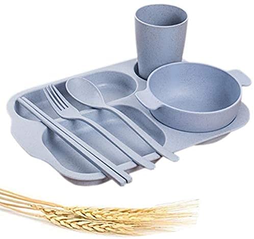 HARI Eco-Friendly Wheat Straw Tableware Dinnerware Set Comes with Plate Bowl Cup Spoon Fork and Chopsticks, Microwave & Dishwasher Safe (Blue) - Image 1