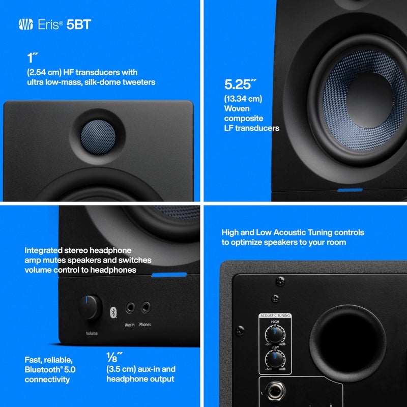 PreSonus Eris 5BT Bluetooth Studio Monitors, Pair — 5" Powered, Active Monitor Speakers for Near Field Music Production, Audio Mixing & Recording - Image 4