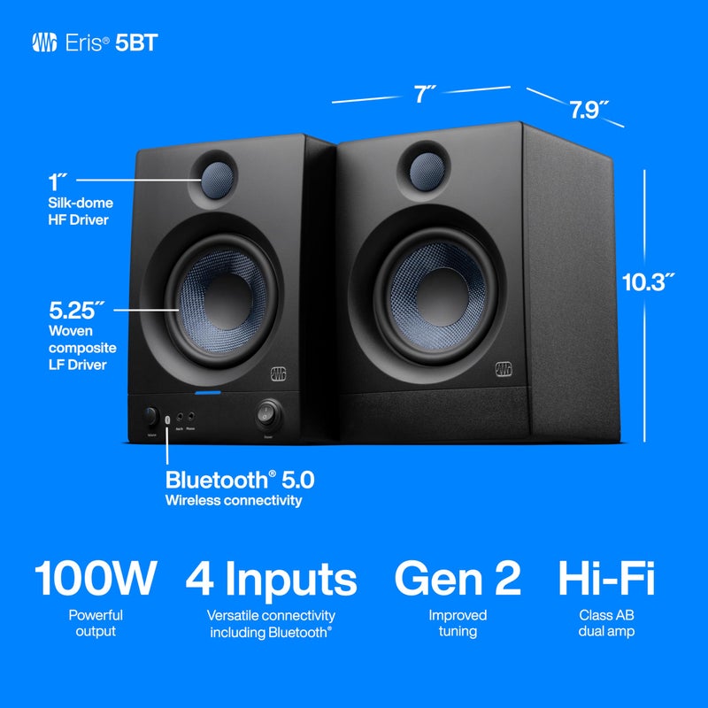 PreSonus Eris 5BT Bluetooth Studio Monitors, Pair — 5" Powered, Active Monitor Speakers for Near Field Music Production, Audio Mixing & Recording - Image 5