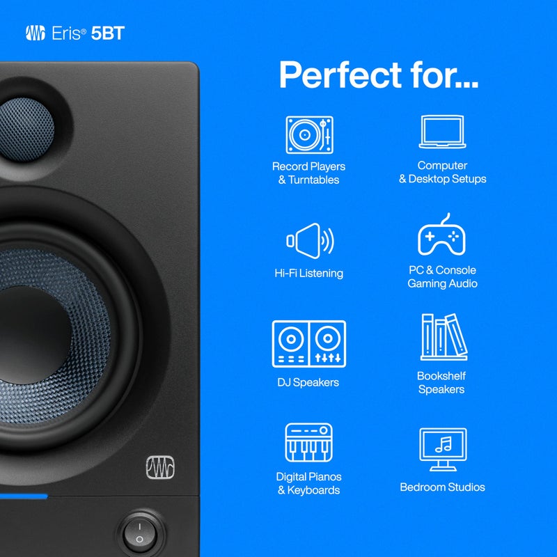 PreSonus Eris 5BT Bluetooth Studio Monitors, Pair — 5" Powered, Active Monitor Speakers for Near Field Music Production, Audio Mixing & Recording - Image 3