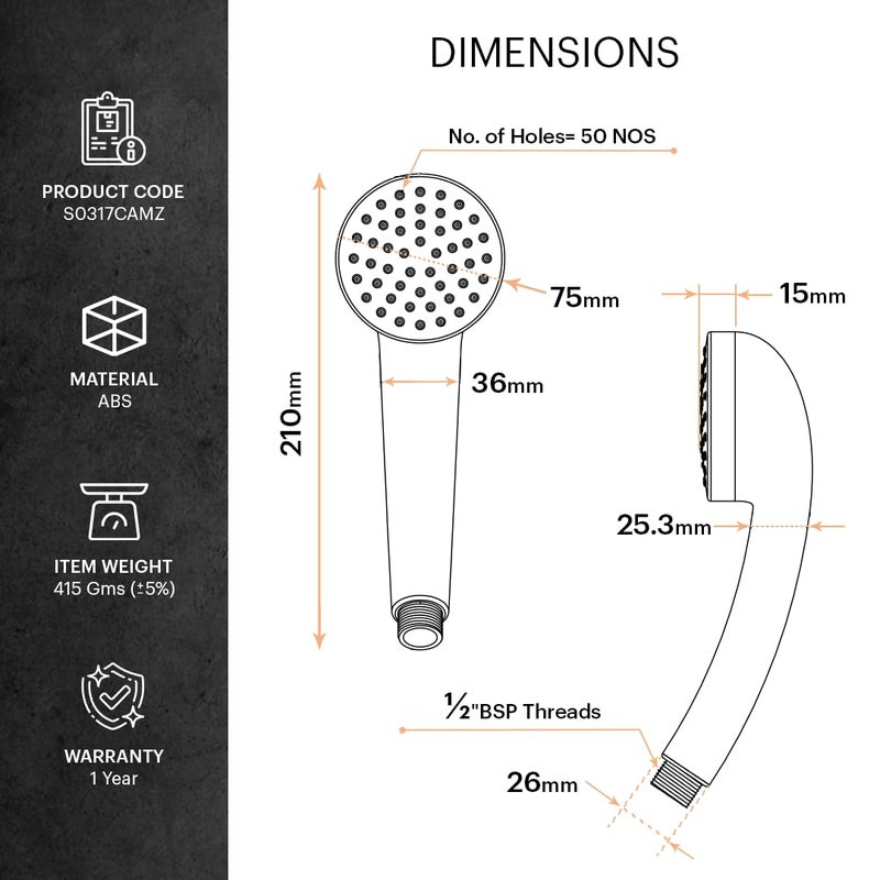 Johnson Bathrooms Johnson Aro Single Flow Hand Shower with 15mt Hose Hook Rain flow Handheld Round Shower HighPressure ABS Material AntiCorrosion Single Flow Hand Shower 1 Year Warranty S0317CAMZ Chrome  - Image 2