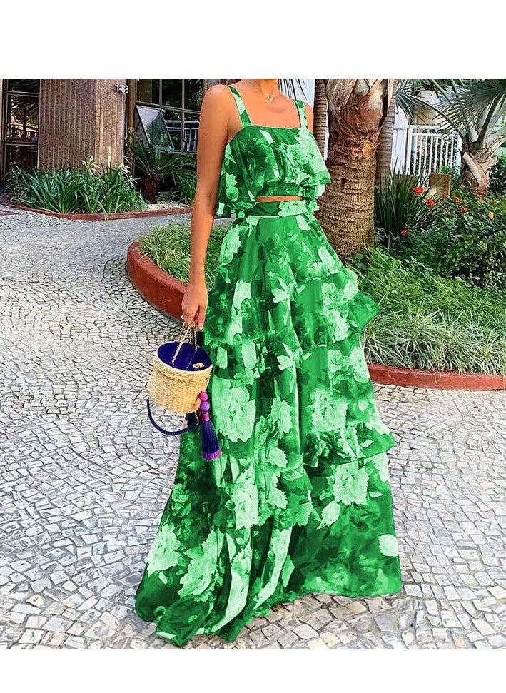 NIBEMINENT European and American Fashion Beach Edge Fake Style Printed Two Piece Set with Strap Top, Cake Skirt, Long Skirt Set  - Image 1