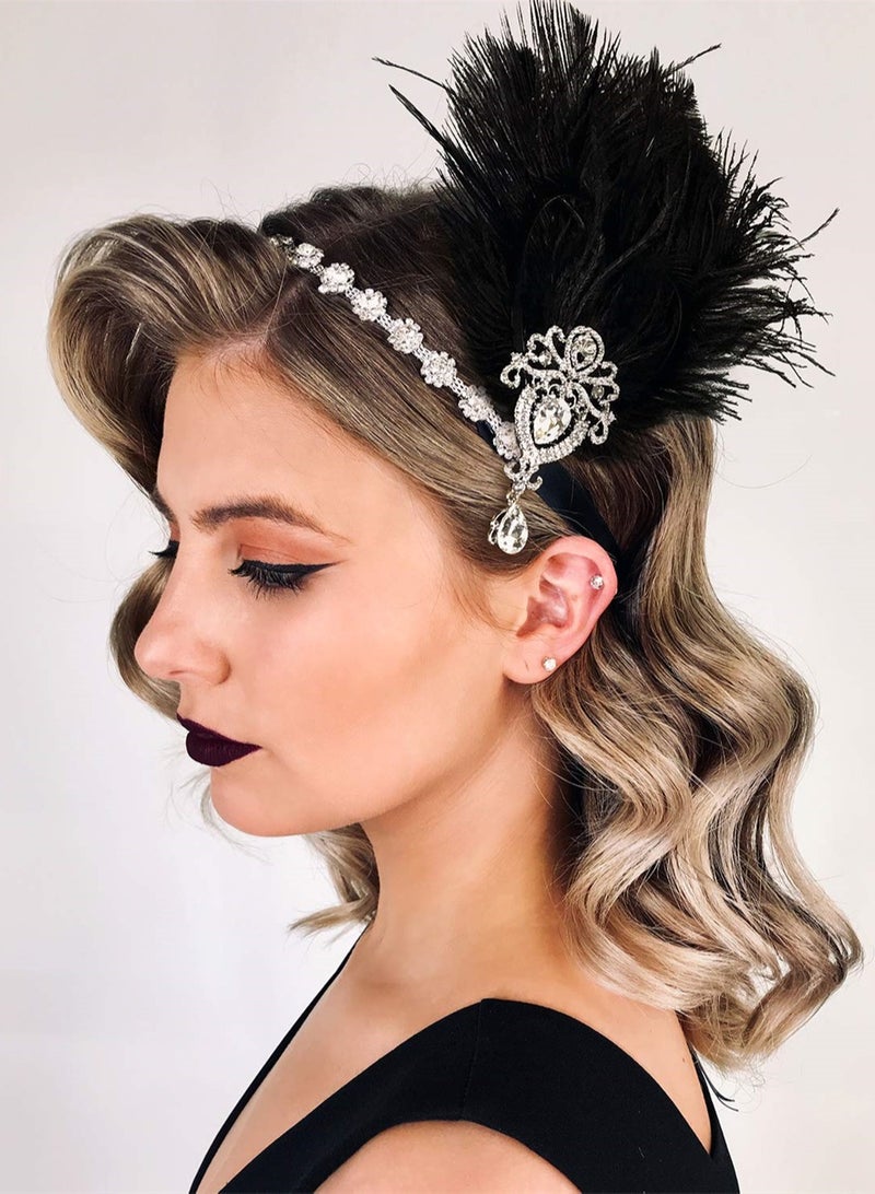 1920s Black Feather Headpiece for Women, Elegant Ostrich Feather Crystal Headband, Great Gatsby  Flapper Hair Accessories, Art Deco Ribbon Tie Design - Image 2