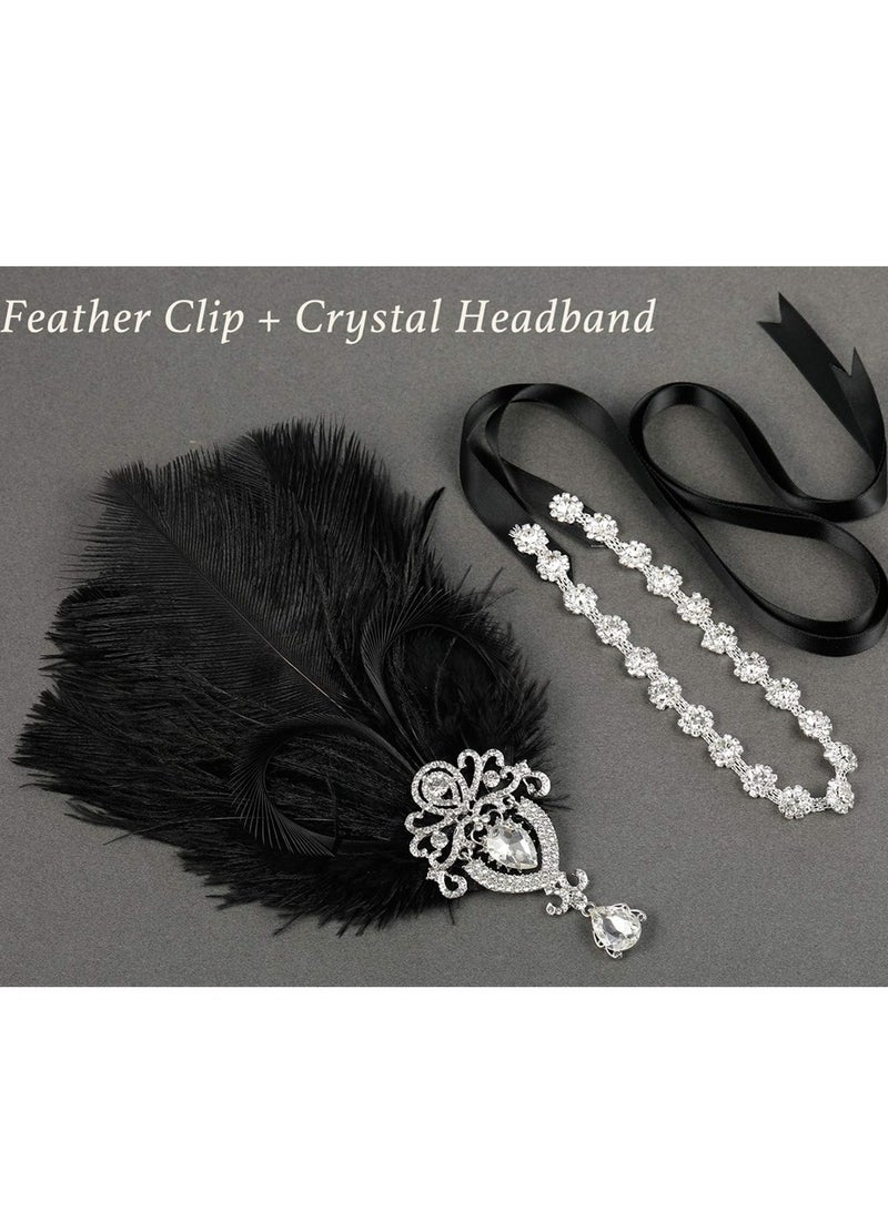 1920s Black Feather Headpiece for Women, Elegant Ostrich Feather Crystal Headband, Great Gatsby  Flapper Hair Accessories, Art Deco Ribbon Tie Design - Image 3