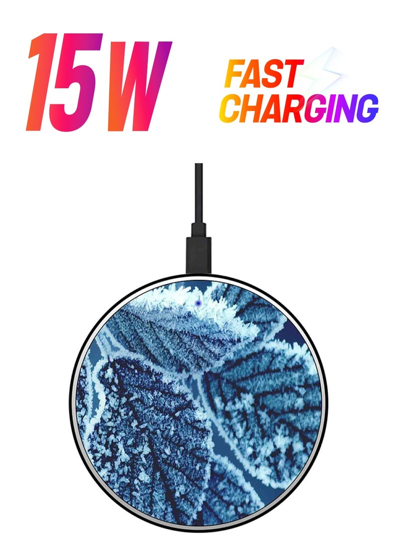Theodor Snow Leaf Printed Fast Wireless Charger With USB Cable Blue/White - Image 1