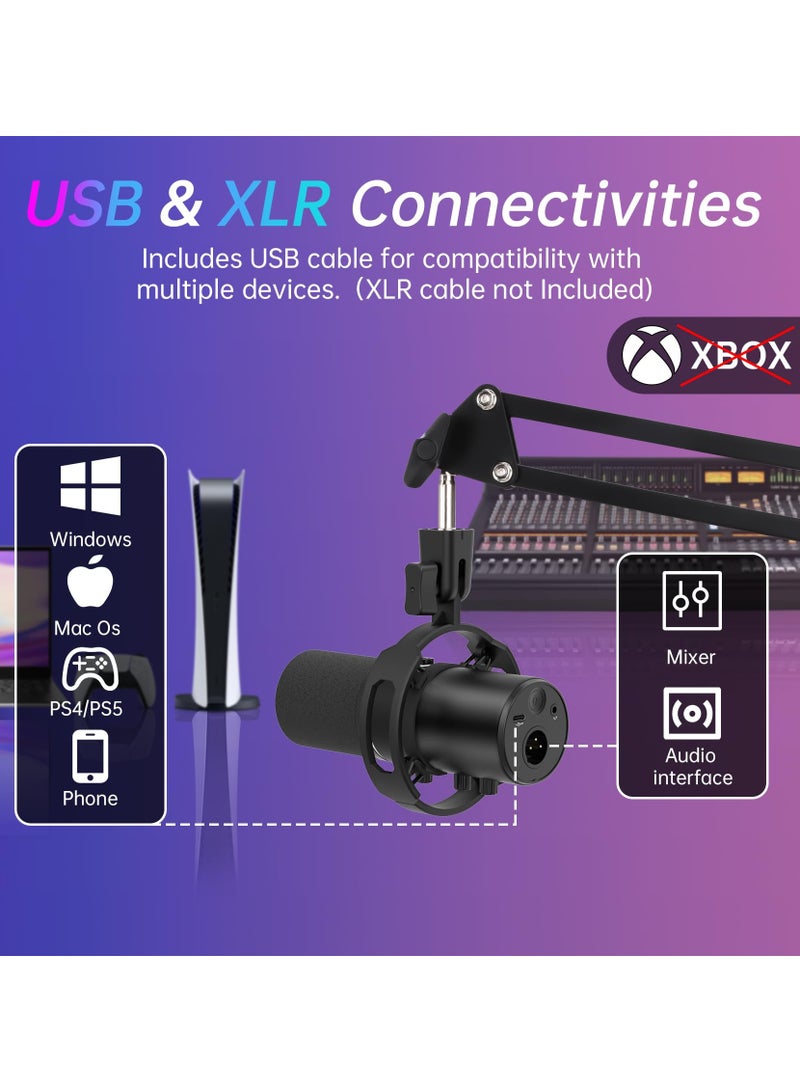 طقم ميكروفون ديناميكي XLR/USB، ميكروفون كمبيوتر للبث المباشر، والتدوين الصوتي، والألعاب، وRGB، ووظيفة كتم الصوت وإلغاء الضوضاء، والتحكم في مستوى الصوت، ومقبس سماعة الرأس