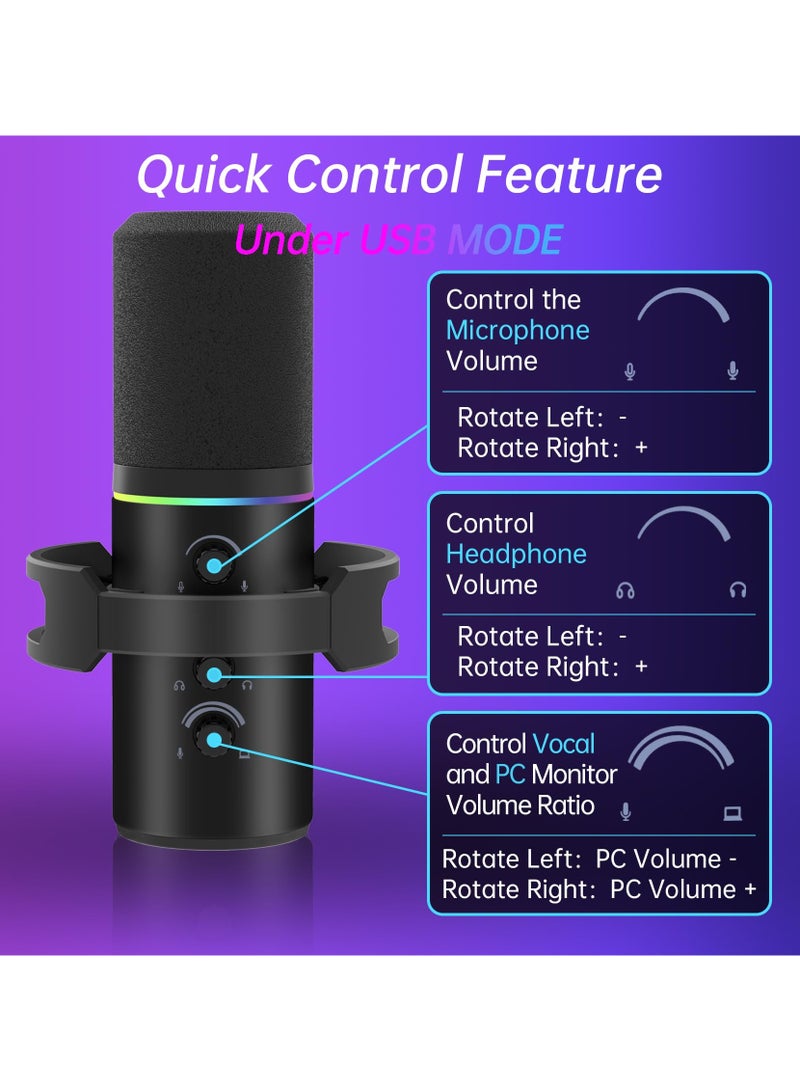 طقم ميكروفون ديناميكي XLR/USB، ميكروفون كمبيوتر للبث المباشر، والتدوين الصوتي، والألعاب، وRGB، ووظيفة كتم الصوت وإلغاء الضوضاء، والتحكم في مستوى الصوت، ومقبس سماعة الرأس