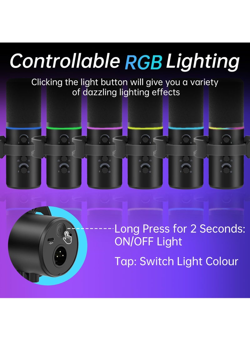 طقم ميكروفون ديناميكي XLR/USB، ميكروفون كمبيوتر للبث المباشر، والتدوين الصوتي، والألعاب، وRGB، ووظيفة كتم الصوت وإلغاء الضوضاء، والتحكم في مستوى الصوت، ومقبس سماعة الرأس