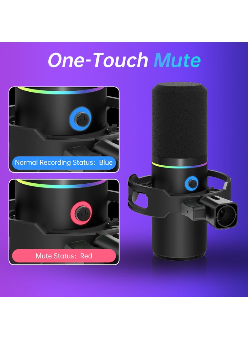 طقم ميكروفون ديناميكي XLR/USB، ميكروفون كمبيوتر للبث المباشر، والتدوين الصوتي، والألعاب، وRGB، ووظيفة كتم الصوت وإلغاء الضوضاء، والتحكم في مستوى الصوت، ومقبس سماعة الرأس