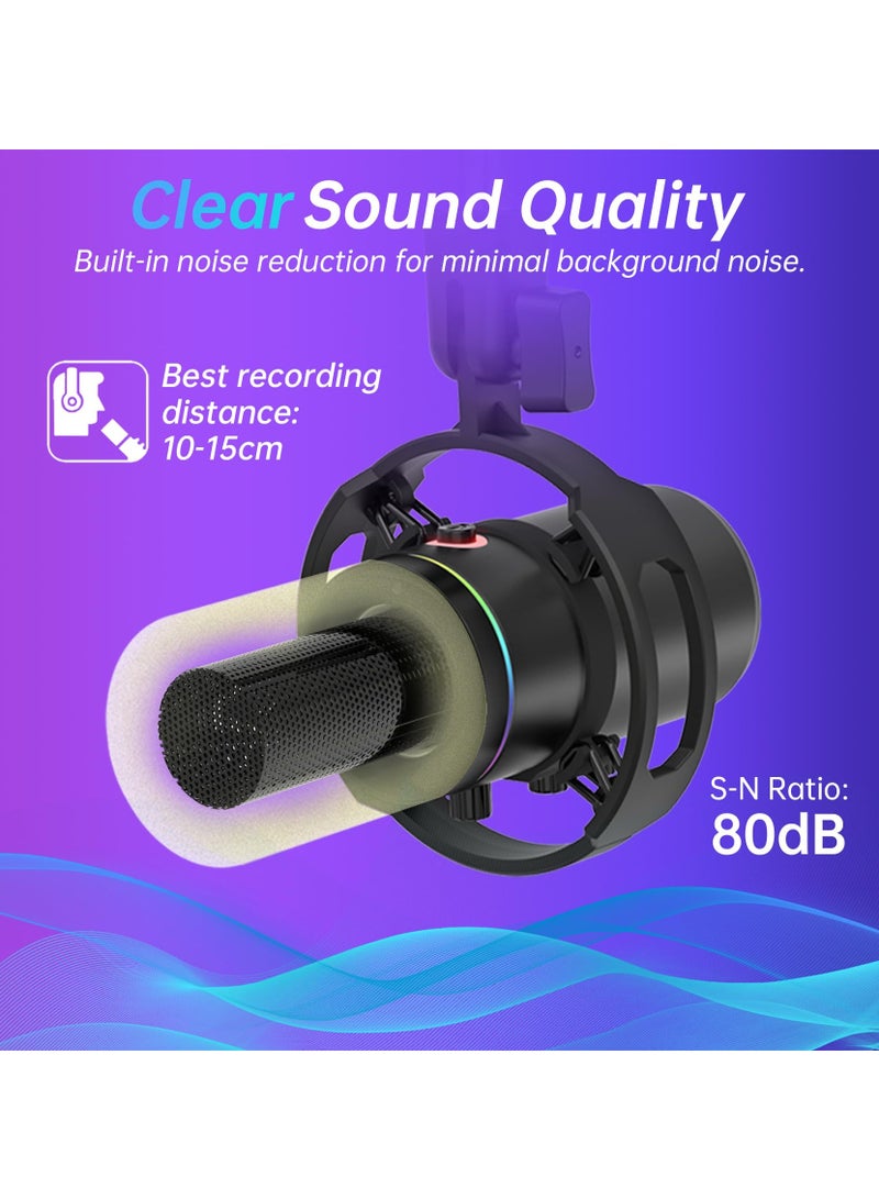 طقم ميكروفون ديناميكي XLR/USB، ميكروفون كمبيوتر للبث المباشر، والتدوين الصوتي، والألعاب، وRGB، ووظيفة كتم الصوت وإلغاء الضوضاء، والتحكم في مستوى الصوت، ومقبس سماعة الرأس