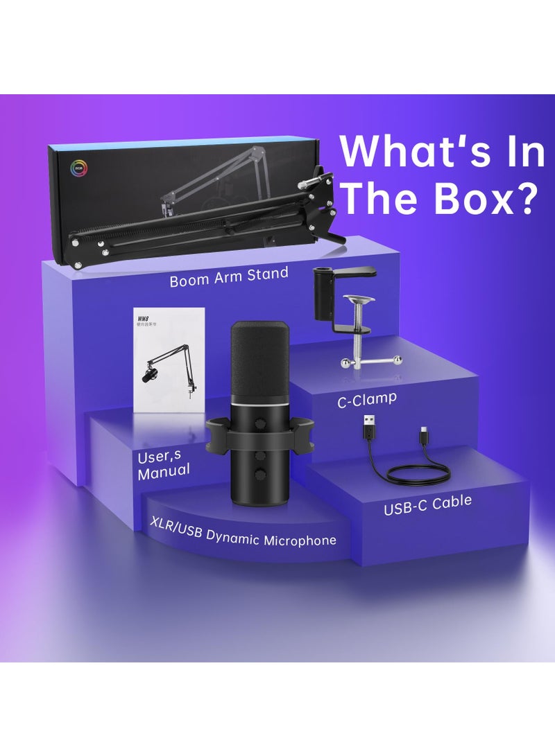 طقم ميكروفون ديناميكي XLR/USB، ميكروفون كمبيوتر للبث المباشر، والتدوين الصوتي، والألعاب، وRGB، ووظيفة كتم الصوت وإلغاء الضوضاء، والتحكم في مستوى الصوت، ومقبس سماعة الرأس