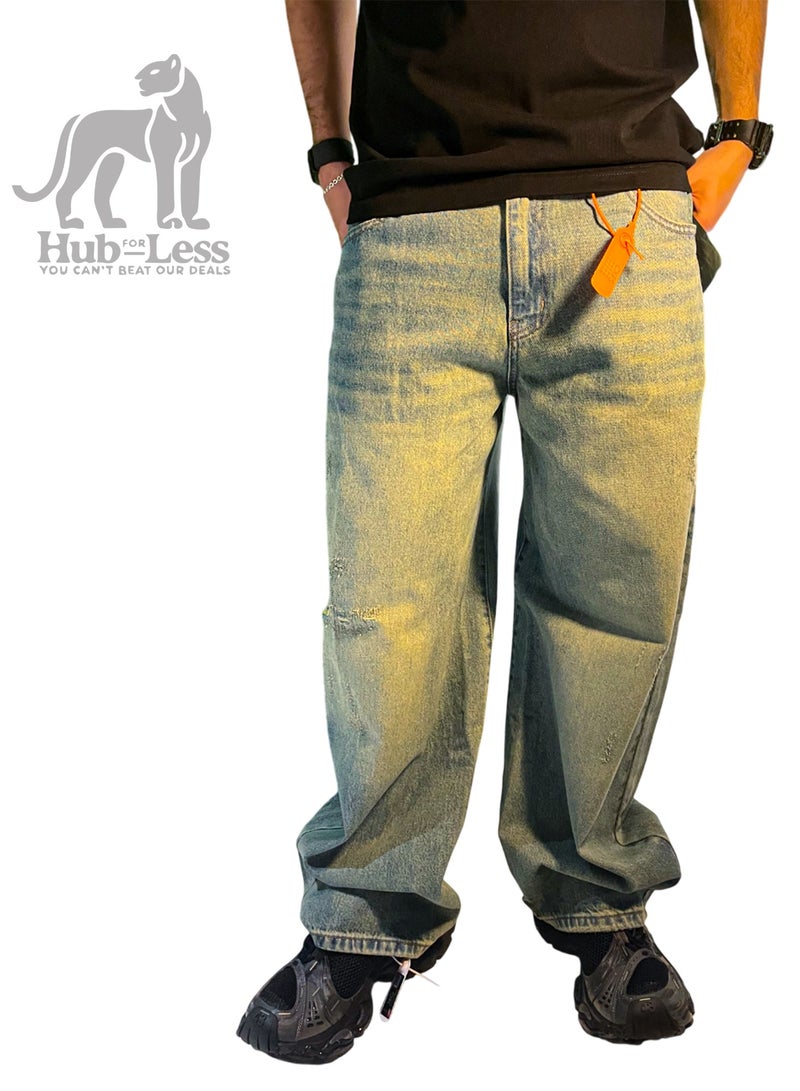Hub For Less Men’s Ultra-Wide Leg Denim Pants – Trendy Fit with Treated Fabric & Street Pockets - Image 1